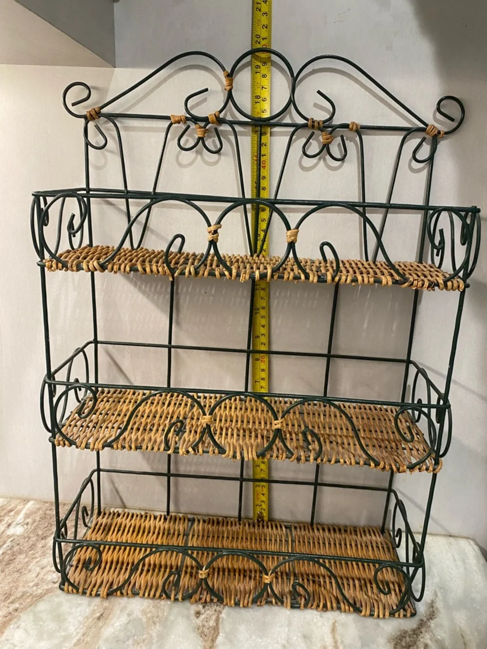 Vtg 3-Tier Metal Wicker Wall Shelf Boho Spice Rack